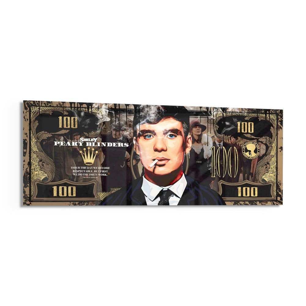 A gold-toned hundred-dollar note styled as a cinematic collage, with a front-facing portrait of a blue-eyed 1920s gangster in a pinstripe suit smoking a cigarette amid drifting smoke. panoramic glass wall art F