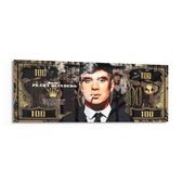 A gold-toned hundred-dollar note styled as a cinematic collage, with a front-facing portrait of a blue-eyed 1920s gangster in a pinstripe suit smoking a cigarette amid drifting smoke. panoramic glass wall art F