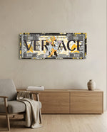 A hundred-dollar note reworked with bold black display lettering over a gold baroque pattern, with two flirtatious cartoon rabbits posed at the center amid yellow paint splashes. panoramic glass wall art A