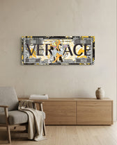 A hundred-dollar note reworked with bold black display lettering over a gold baroque pattern, with two flirtatious cartoon rabbits posed at the center amid yellow paint splashes. panoramic glass wall art A