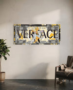 A hundred-dollar note reworked with bold black display lettering over a gold baroque pattern, with two flirtatious cartoon rabbits posed at the center amid yellow paint splashes. panoramic glass wall art C
