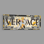 A hundred-dollar note reworked with bold black display lettering over a gold baroque pattern, with two flirtatious cartoon rabbits posed at the center amid yellow paint splashes. panoramic glass wall art E