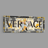 A hundred-dollar note reworked with bold black display lettering over a gold baroque pattern, with two flirtatious cartoon rabbits posed at the center amid yellow paint splashes. panoramic glass wall art E