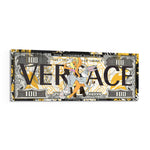 A hundred-dollar note reworked with bold black display lettering over a gold baroque pattern, with two flirtatious cartoon rabbits posed at the center amid yellow paint splashes. panoramic glass wall art F