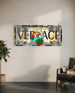 A hundred-dollar note reworked with bold black display lettering over a gold baroque pattern, with a cartoon tycoon in a red patterned jacket ironing stacks of cash into a basket of green bills. panoramic glass wall art C