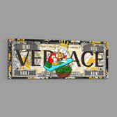 A hundred-dollar note reworked with bold black display lettering over a gold baroque pattern, with a cartoon tycoon in a red patterned jacket ironing stacks of cash into a basket of green bills. panoramic glass wall art E