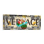 A hundred-dollar note reworked with bold black display lettering over a gold baroque pattern, with a cartoon tycoon in a red patterned jacket ironing stacks of cash into a basket of green bills. panoramic glass wall art F