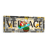 A hundred-dollar note reworked with bold black display lettering over a gold baroque pattern, with a cartoon tycoon in a red patterned jacket ironing stacks of cash into a basket of green bills. panoramic glass wall art F