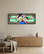 A one-million-dollar certificate reworked as pop art, with a top-hatted cartoon tycoon lighting a banknote on fire, framed by glowing neon-green graffiti lettering. panoramic glass wall art A