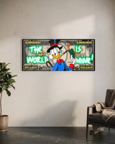 A one-million-dollar certificate reworked as pop art, with a top-hatted cartoon tycoon lighting a banknote on fire, framed by glowing neon-green graffiti lettering. panoramic glass wall art C