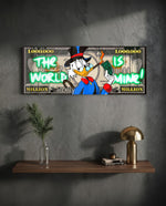 A one-million-dollar certificate reworked as pop art, with a top-hatted cartoon tycoon lighting a banknote on fire, framed by glowing neon-green graffiti lettering. panoramic glass wall art D