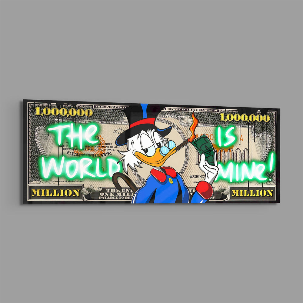 A one-million-dollar certificate reworked as pop art, with a top-hatted cartoon tycoon lighting a banknote on fire, framed by glowing neon-green graffiti lettering. panoramic glass wall art E