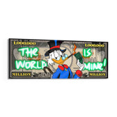 A one-million-dollar certificate reworked as pop art, with a top-hatted cartoon tycoon lighting a banknote on fire, framed by glowing neon-green graffiti lettering. panoramic glass wall art F