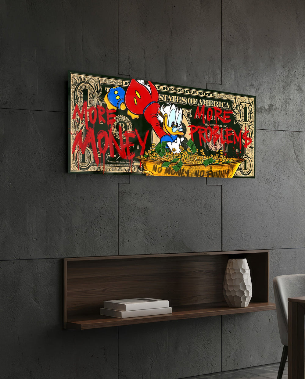 Red Graffiti Gold Coin Dollar Glass Wall Art (36"x14")