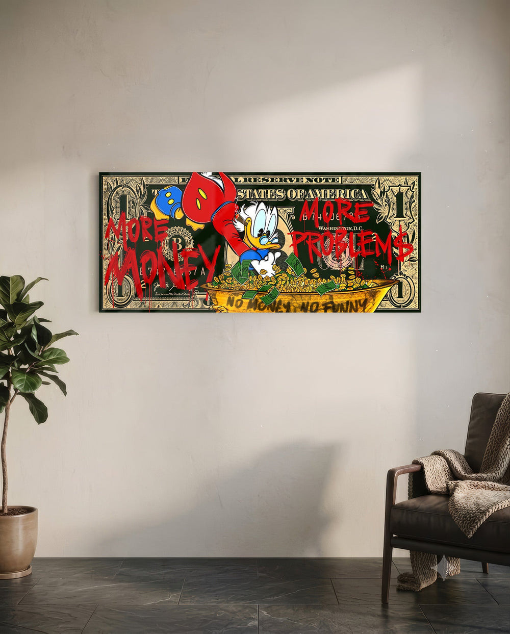 A dark green one-dollar note reworked as pop art, with a cartoon tycoon diving headfirst into a golden tub of coins and cash, surrounded by dripping red graffiti lettering. panoramic glass wall art C