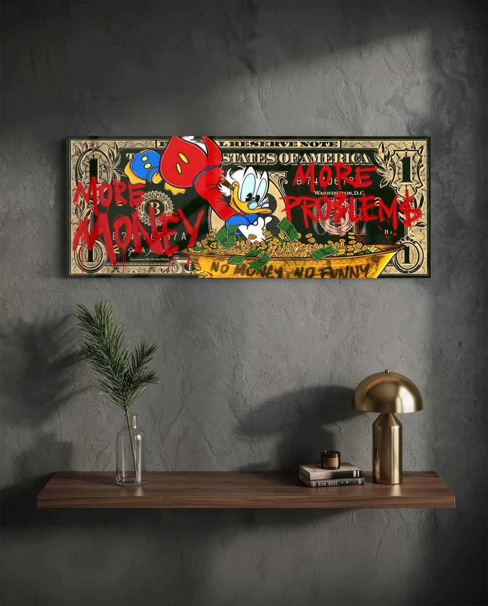 A dark green one-dollar note reworked as pop art, with a cartoon tycoon diving headfirst into a golden tub of coins and cash, surrounded by dripping red graffiti lettering. panoramic glass wall art D
