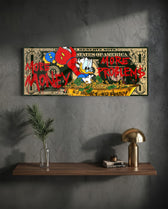 A dark green one-dollar note reworked as pop art, with a cartoon tycoon diving headfirst into a golden tub of coins and cash, surrounded by dripping red graffiti lettering. panoramic glass wall art D