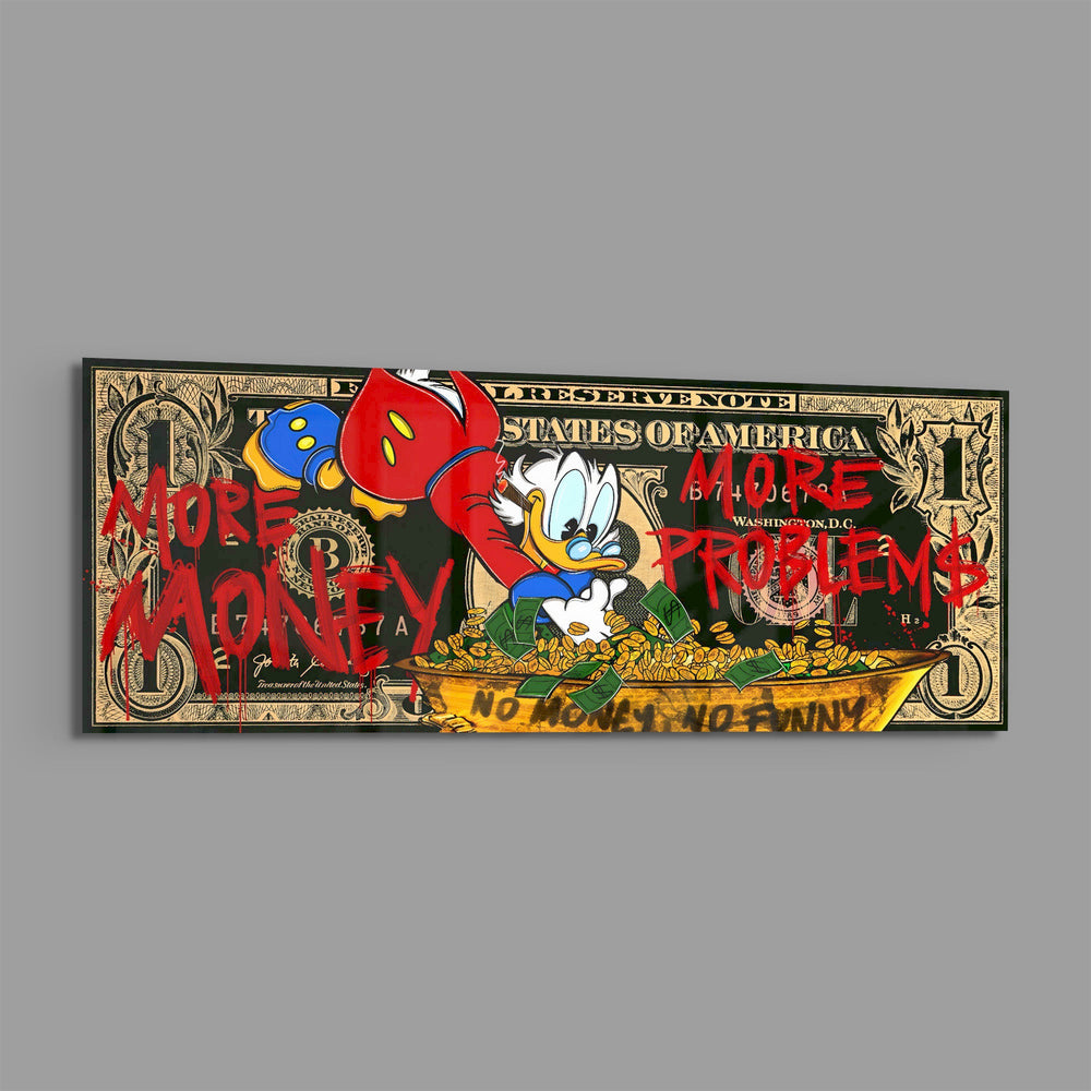 A dark green one-dollar note reworked as pop art, with a cartoon tycoon diving headfirst into a golden tub of coins and cash, surrounded by dripping red graffiti lettering. panoramic glass wall art E