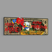 A dark green one-dollar note reworked as pop art, with a cartoon tycoon diving headfirst into a golden tub of coins and cash, surrounded by dripping red graffiti lettering. panoramic glass wall art E