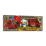 A dark green one-dollar note reworked as pop art, with a cartoon tycoon diving headfirst into a golden tub of coins and cash, surrounded by dripping red graffiti lettering. panoramic glass wall art F