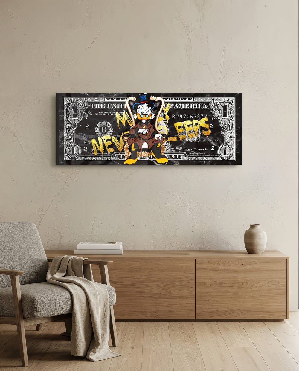 A wealthy top-hat cartoon tycoon lounging on an ornate golden throne over a black marble one-dollar bill. panoramic glass wall art A