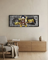 A wealthy top-hat cartoon tycoon lounging on an ornate golden throne over a black marble one-dollar bill. panoramic glass wall art A