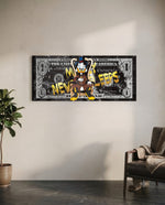 A wealthy top-hat cartoon tycoon lounging on an ornate golden throne over a black marble one-dollar bill. panoramic glass wall art C
