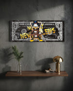 A wealthy top-hat cartoon tycoon lounging on an ornate golden throne over a black marble one-dollar bill. panoramic glass wall art D