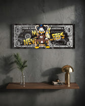 A wealthy top-hat cartoon tycoon lounging on an ornate golden throne over a black marble one-dollar bill. panoramic glass wall art D