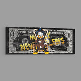 A wealthy top-hat cartoon tycoon lounging on an ornate golden throne over a black marble one-dollar bill. panoramic glass wall art E