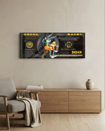 A playful cartoon rabbit couple posed over a black-and-gold one-hundred-dollar bill. panoramic glass wall art A