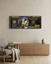 A playful cartoon rabbit couple posed over a black-and-gold one-hundred-dollar bill. panoramic glass wall art A