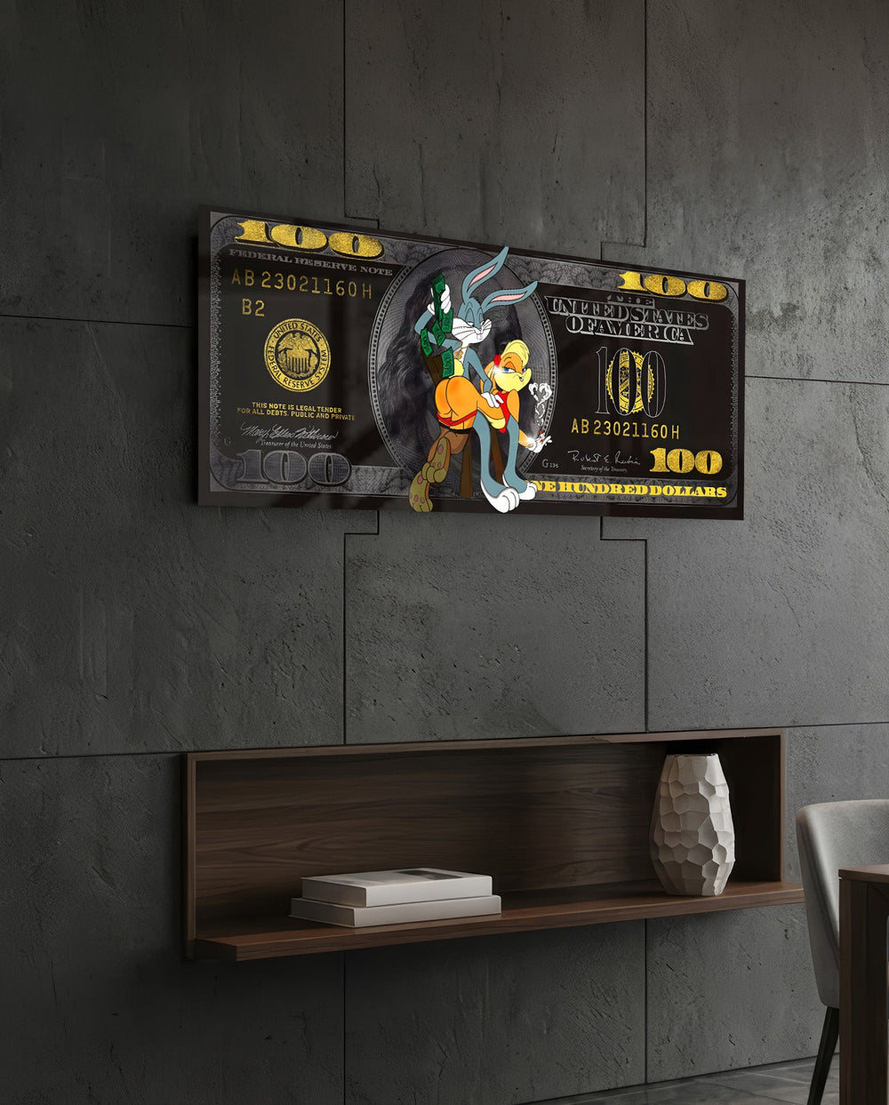 Gold Cartoon Rabbits Hundred Dollar Glass Wall Art (36"x14")