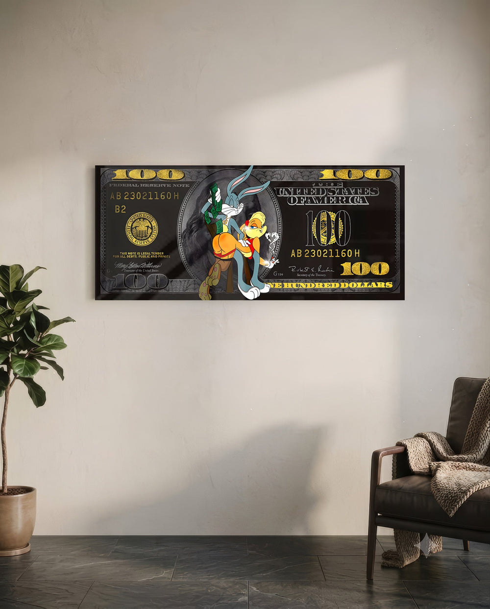 A playful cartoon rabbit couple posed over a black-and-gold one-hundred-dollar bill. panoramic glass wall art C