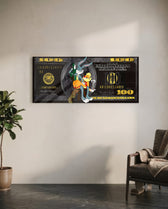 A playful cartoon rabbit couple posed over a black-and-gold one-hundred-dollar bill. panoramic glass wall art C