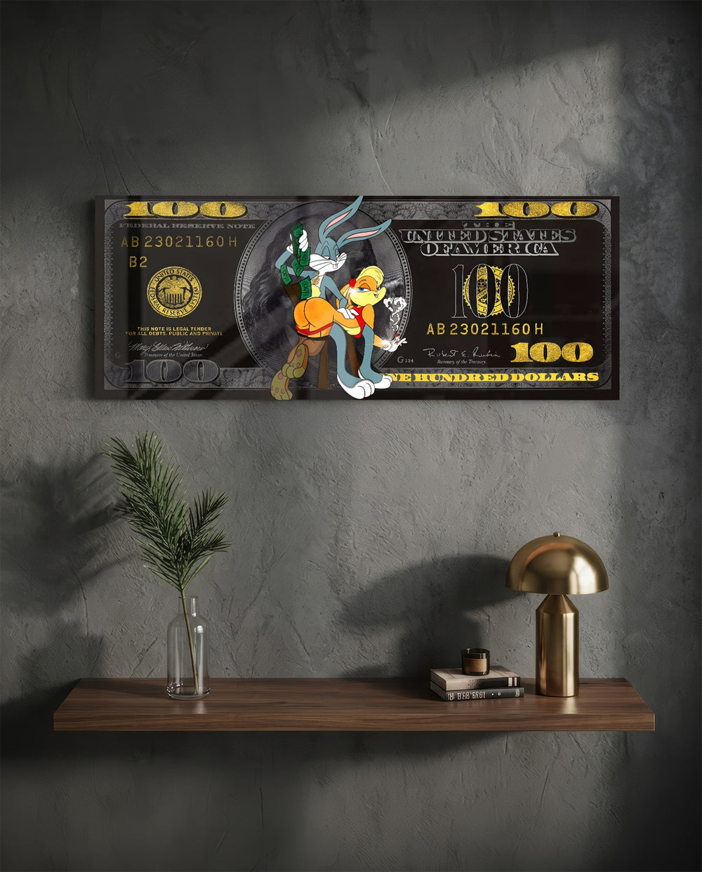 A playful cartoon rabbit couple posed over a black-and-gold one-hundred-dollar bill. panoramic glass wall art D