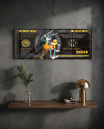 A playful cartoon rabbit couple posed over a black-and-gold one-hundred-dollar bill. panoramic glass wall art D