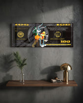 A playful cartoon rabbit couple posed over a black-and-gold one-hundred-dollar bill. panoramic glass wall art D