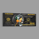 A playful cartoon rabbit couple posed over a black-and-gold one-hundred-dollar bill. panoramic glass wall art E