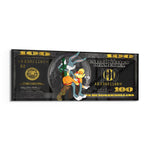 A playful cartoon rabbit couple posed over a black-and-gold one-hundred-dollar bill. panoramic glass wall art F