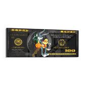 A playful cartoon rabbit couple posed over a black-and-gold one-hundred-dollar bill. panoramic glass wall art F