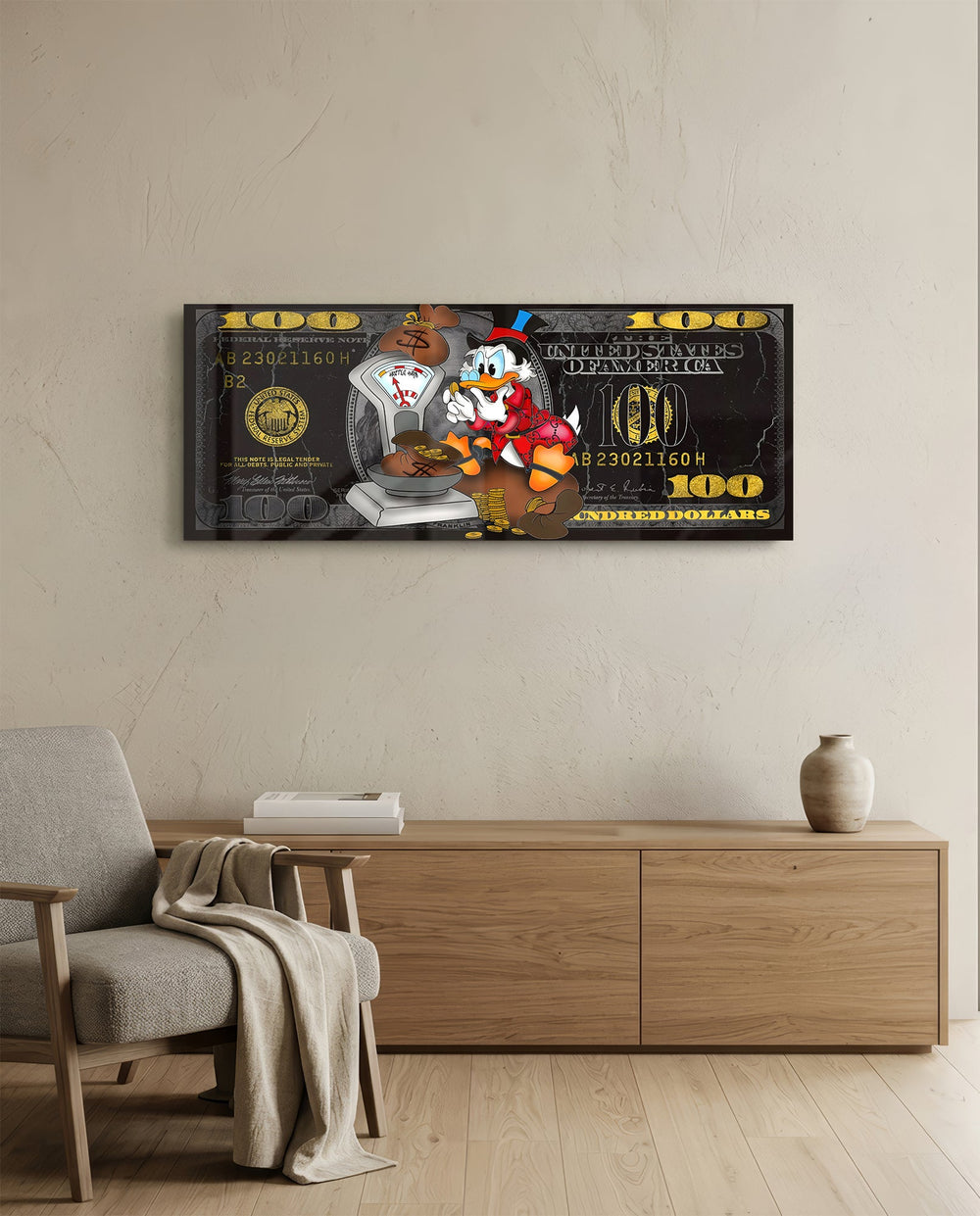 A red-suited cartoon tycoon weighing sacks of gold coins on a vintage scale over a black-and-gold hundred-dollar bill. panoramic glass wall art A