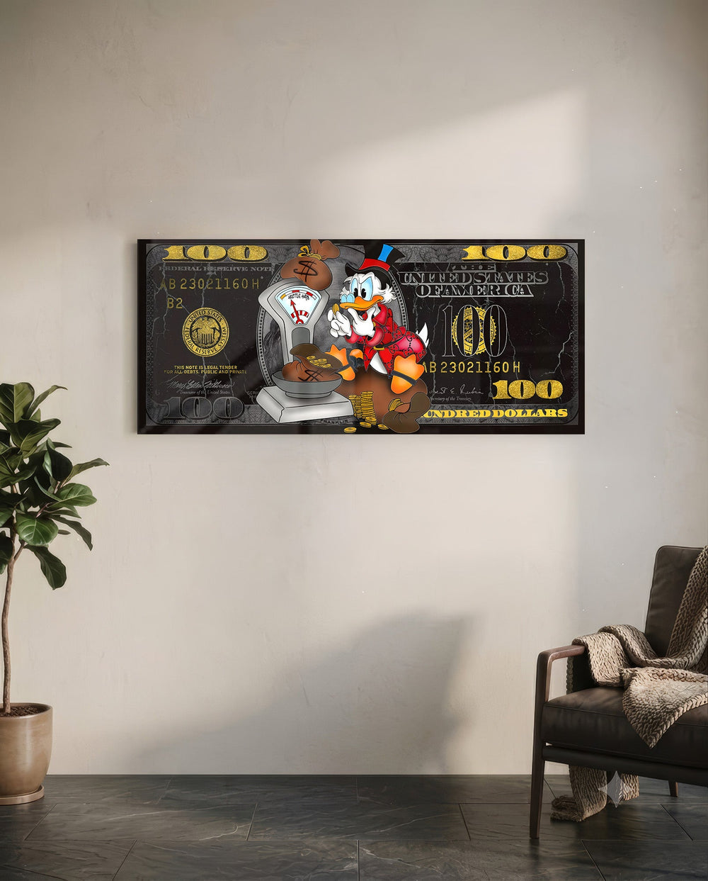 A red-suited cartoon tycoon weighing sacks of gold coins on a vintage scale over a black-and-gold hundred-dollar bill. panoramic glass wall art C