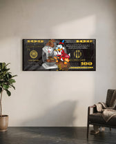 A red-suited cartoon tycoon weighing sacks of gold coins on a vintage scale over a black-and-gold hundred-dollar bill. panoramic glass wall art C