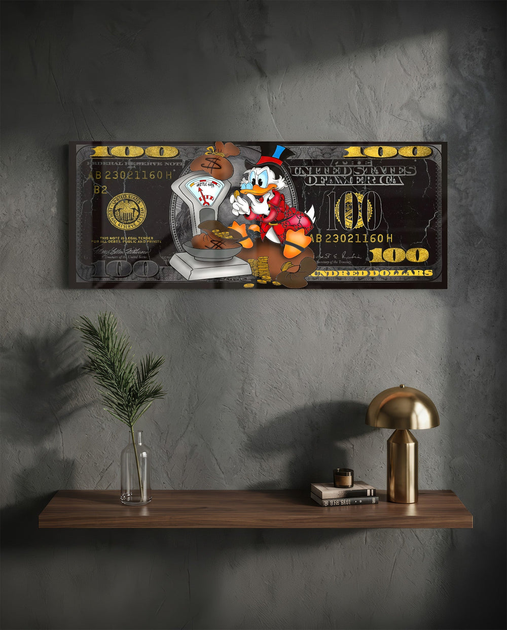 A red-suited cartoon tycoon weighing sacks of gold coins on a vintage scale over a black-and-gold hundred-dollar bill. panoramic glass wall art D