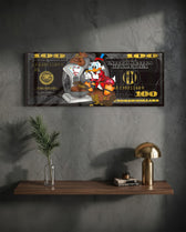 A red-suited cartoon tycoon weighing sacks of gold coins on a vintage scale over a black-and-gold hundred-dollar bill. panoramic glass wall art D