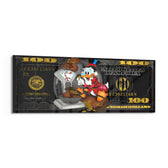 A red-suited cartoon tycoon weighing sacks of gold coins on a vintage scale over a black-and-gold hundred-dollar bill. panoramic glass wall art F
