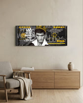 A stern crowned man in a grayscale portrait set over a black-and-gold one-hundred-dollar bill. panoramic glass wall art A