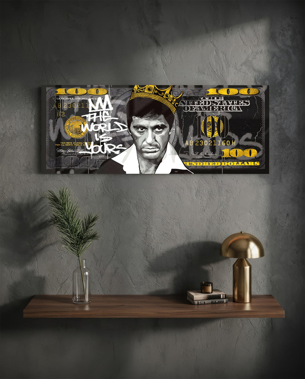 A stern crowned man in a grayscale portrait set over a black-and-gold one-hundred-dollar bill. panoramic glass wall art D