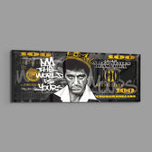 A stern crowned man in a grayscale portrait set over a black-and-gold one-hundred-dollar bill. panoramic glass wall art E